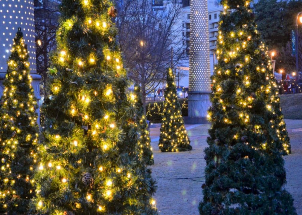 Christmas trees lit in the city.