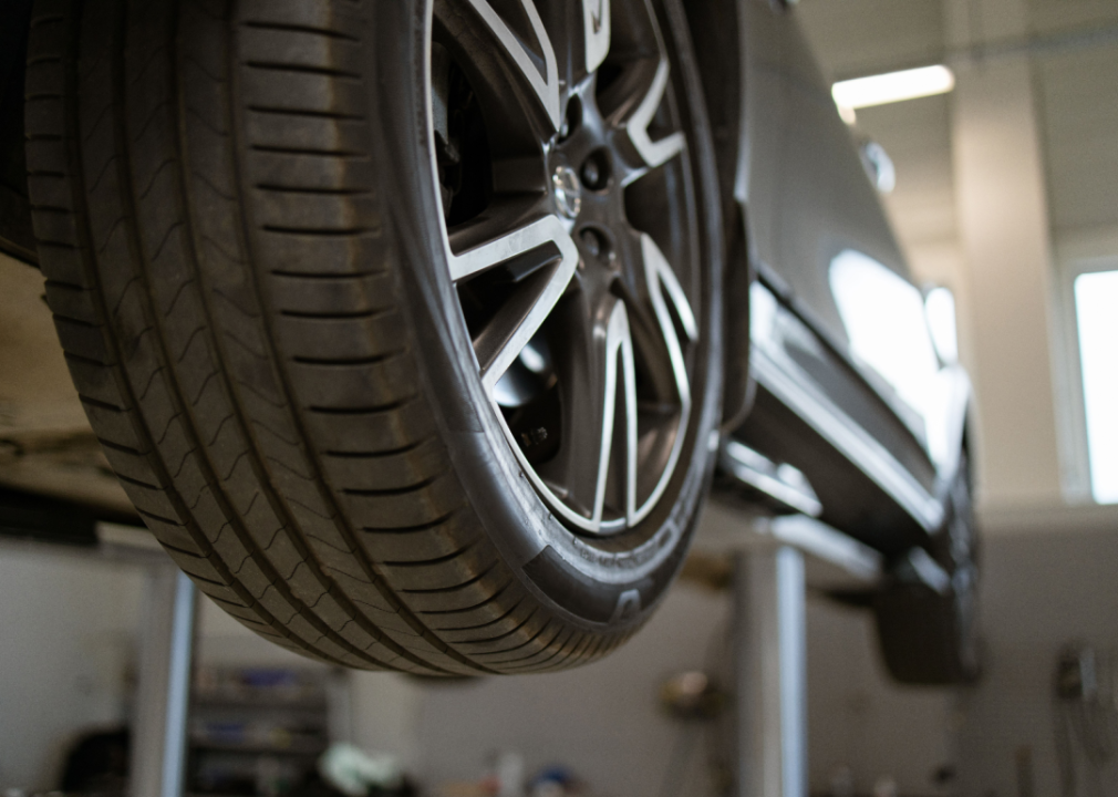 A car in a repair shop.