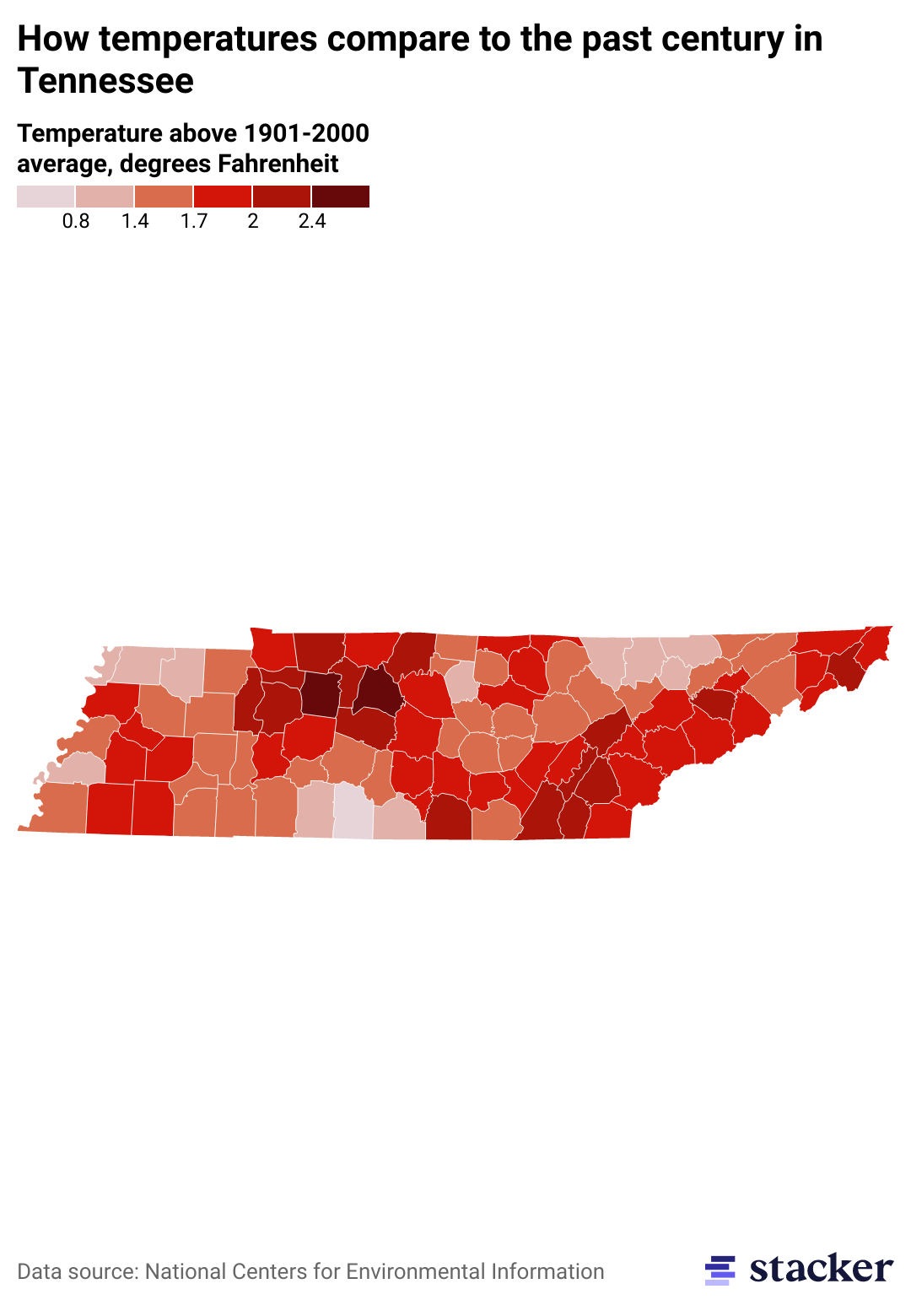 Counties in Tennessee with the fastestrising temperatures in the last