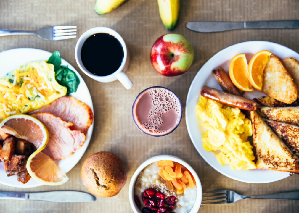 Various breakfast items on a table.