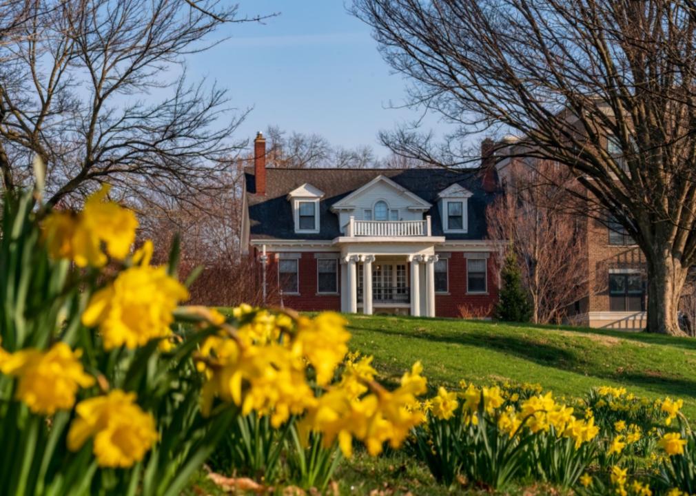 A brick home with daffodils in the front yard.