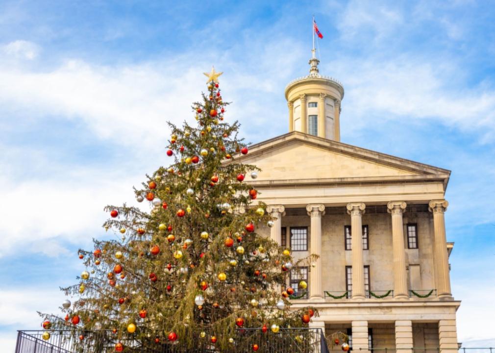 A Christmas tree in front of the Capitol.