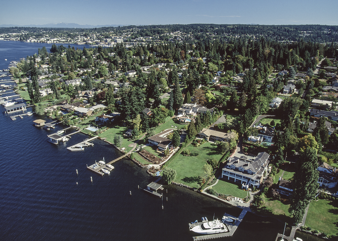 An aerial view of Bellevue on the water.