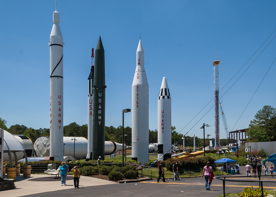 A tourist attraction of US Army rockets in Huntsville.