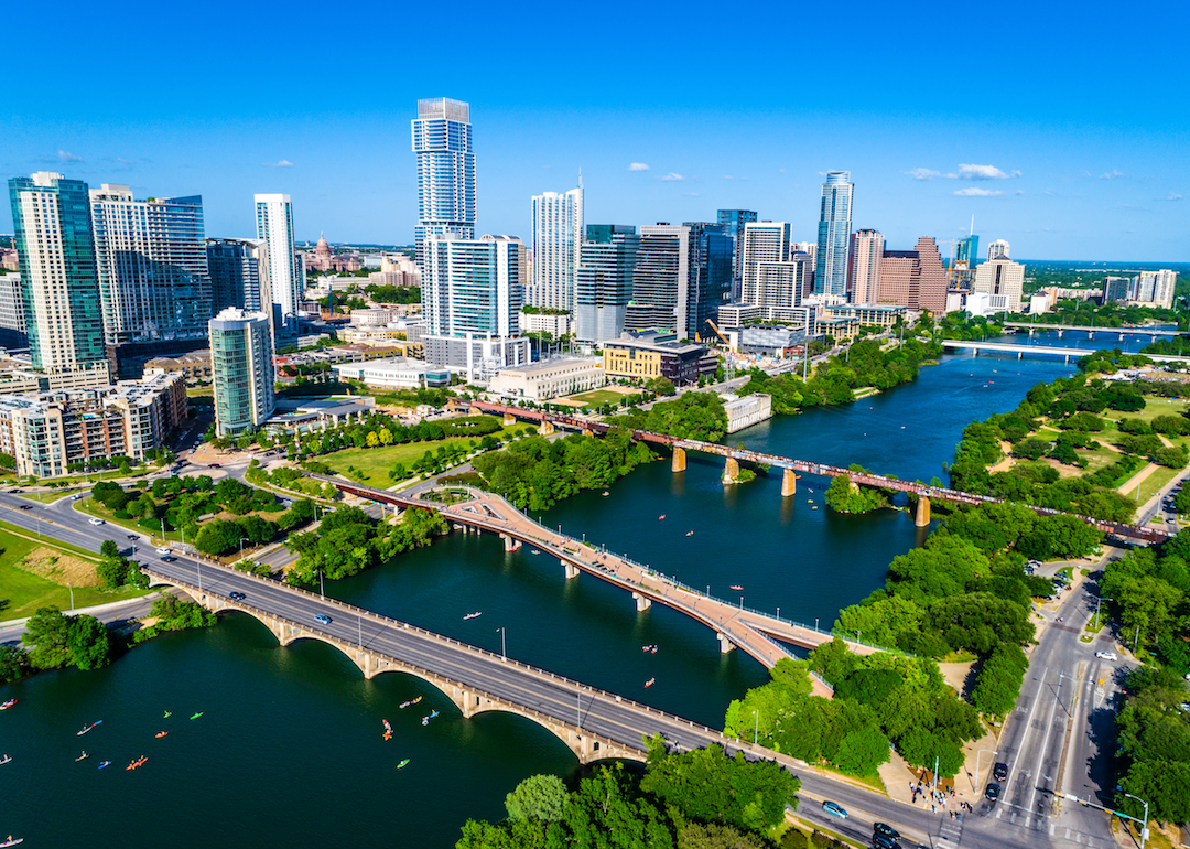 An aerial view of Austin on the water.