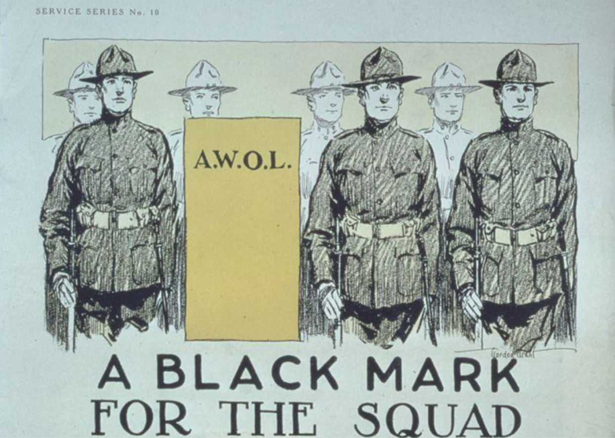 A drawing of military soldiers next to an AWOL sign.
