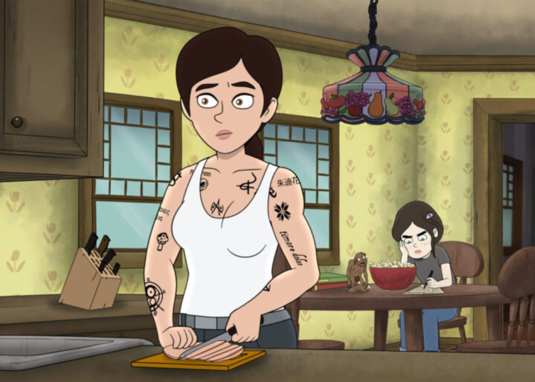 A cartoon of a tatooed mom wearing a tank top and chopping food while her daughter looks angry at the table in the background.