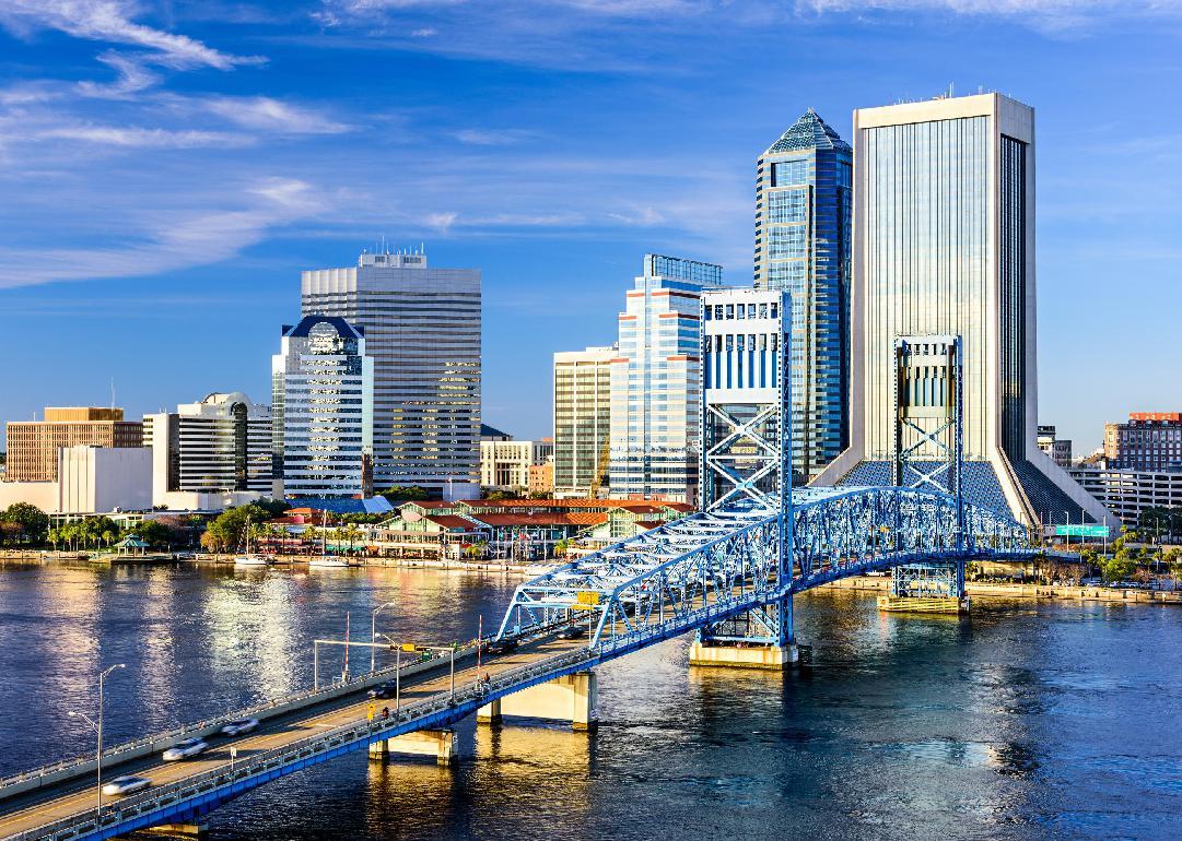 Jacksonville, Florida downtown skyline at dusk over St. Johns River.