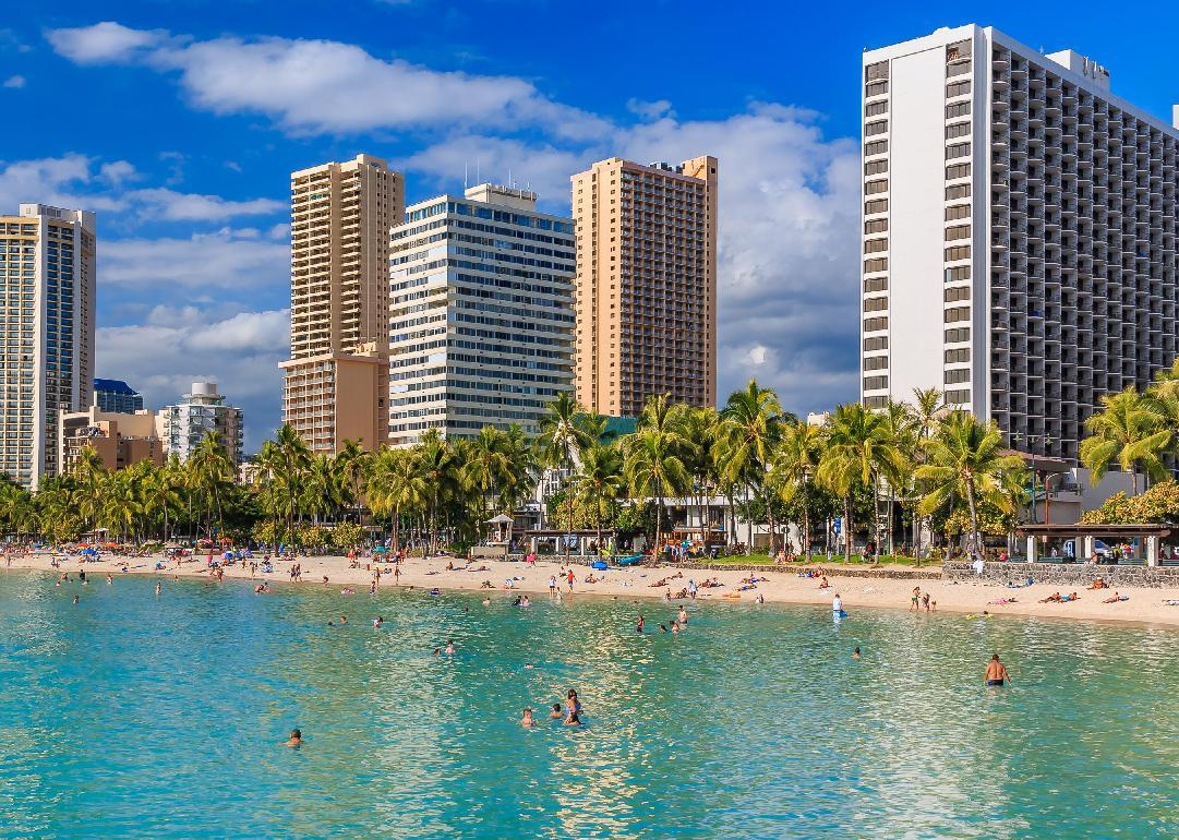 Waikiki Beach and Honolulu skyline in Hawaii.