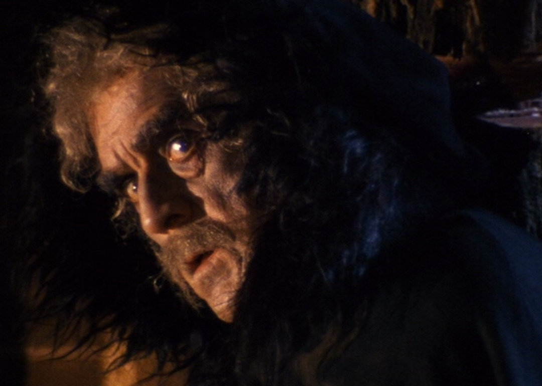 An old man with long curly hair and facial hair in a dark cloak.