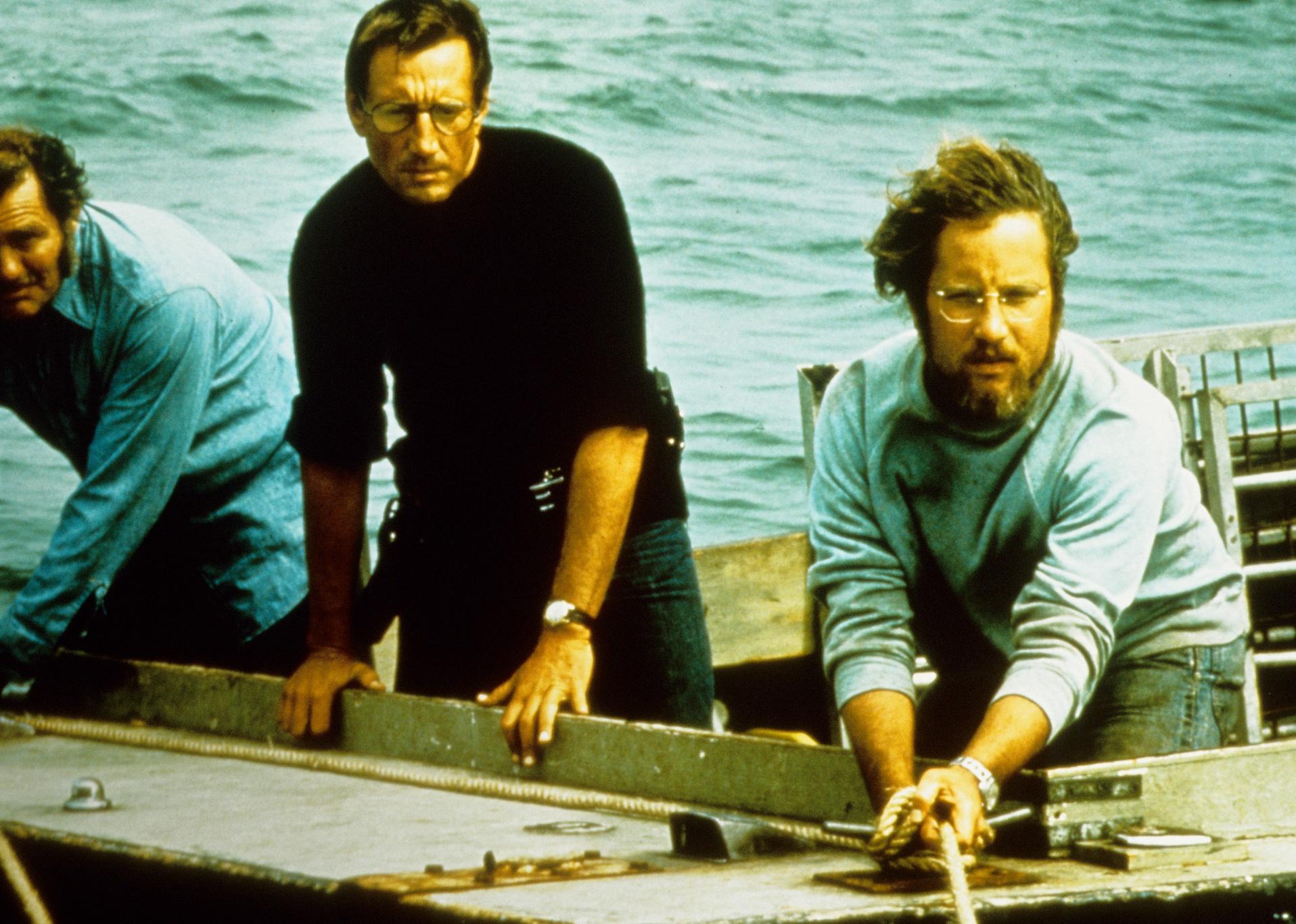 Richard Dreyfuss, Roy Scheider, and Robert Shaw stand on a boat looking terrified at something in the water.