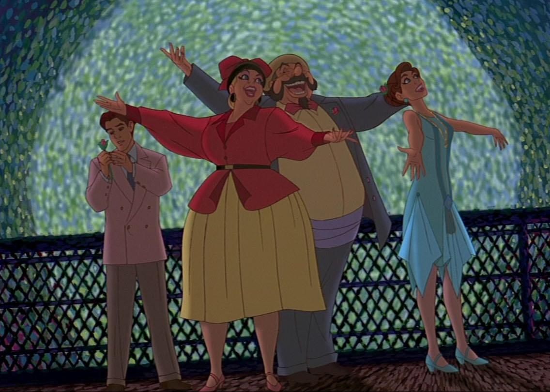 A cartoon of people dressed up and singing in front of a colorful background.
