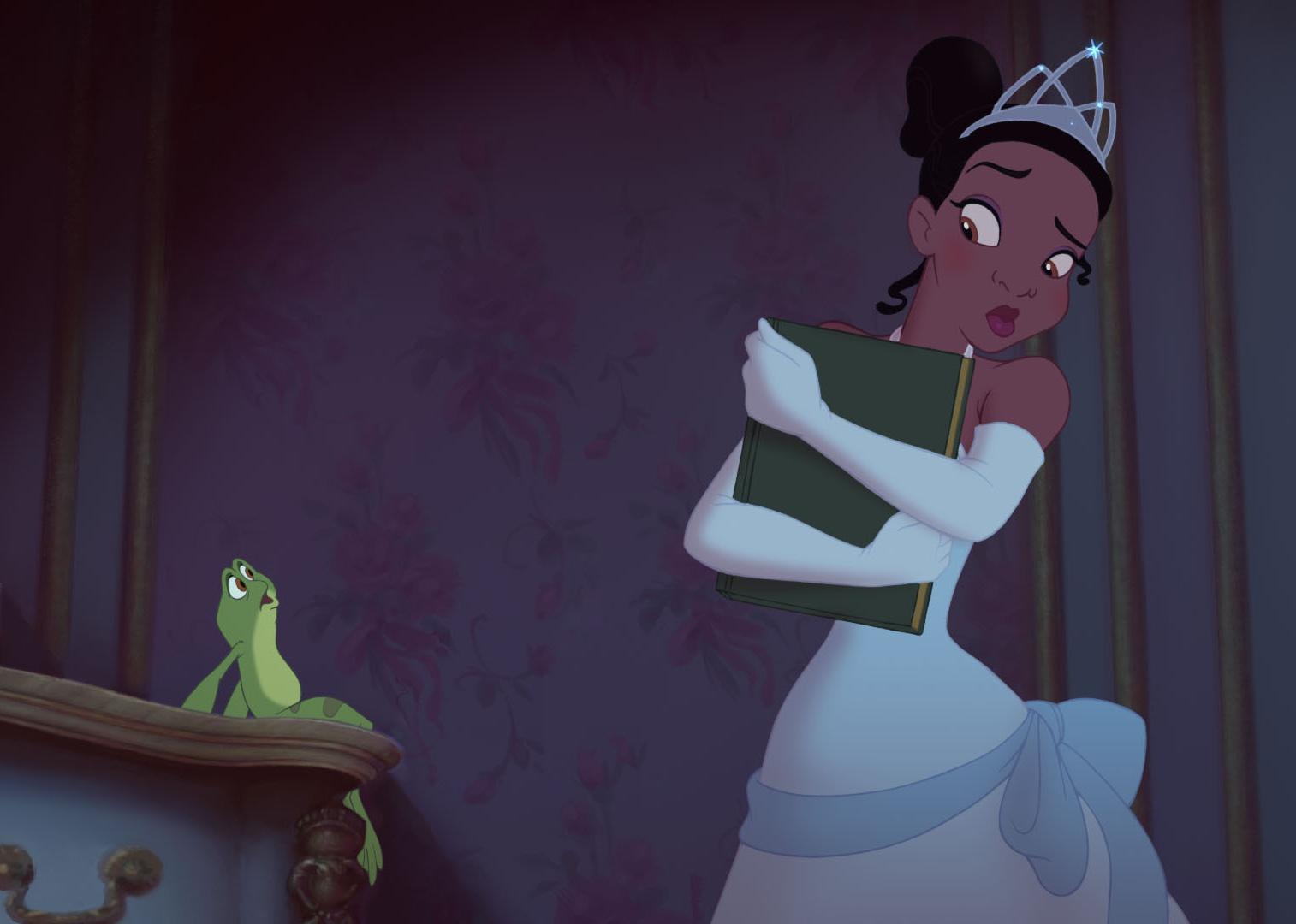 A princess in a white gown holding a book and looking at a frog.