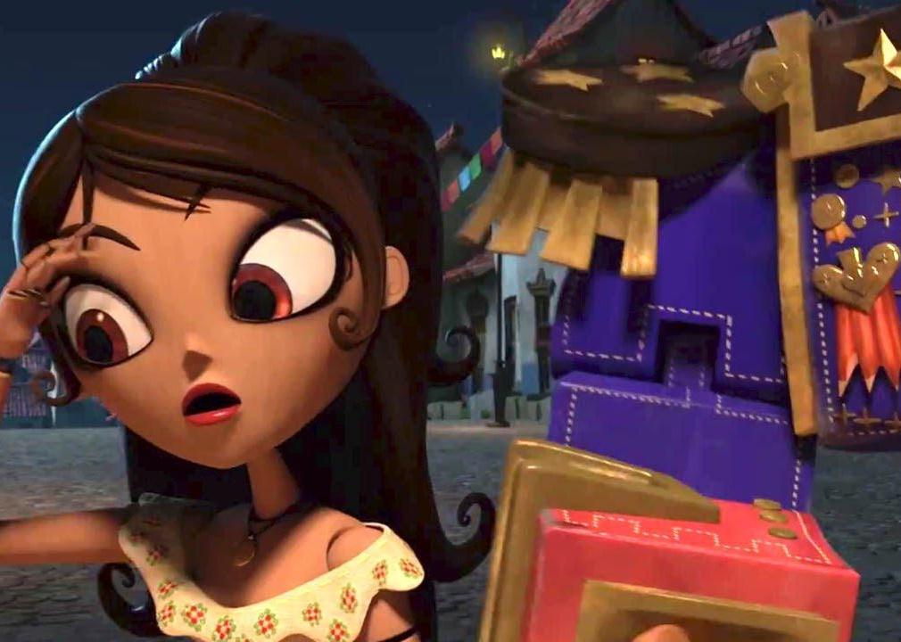 An animation of a little girl with brown hair looking confused on a street at night.