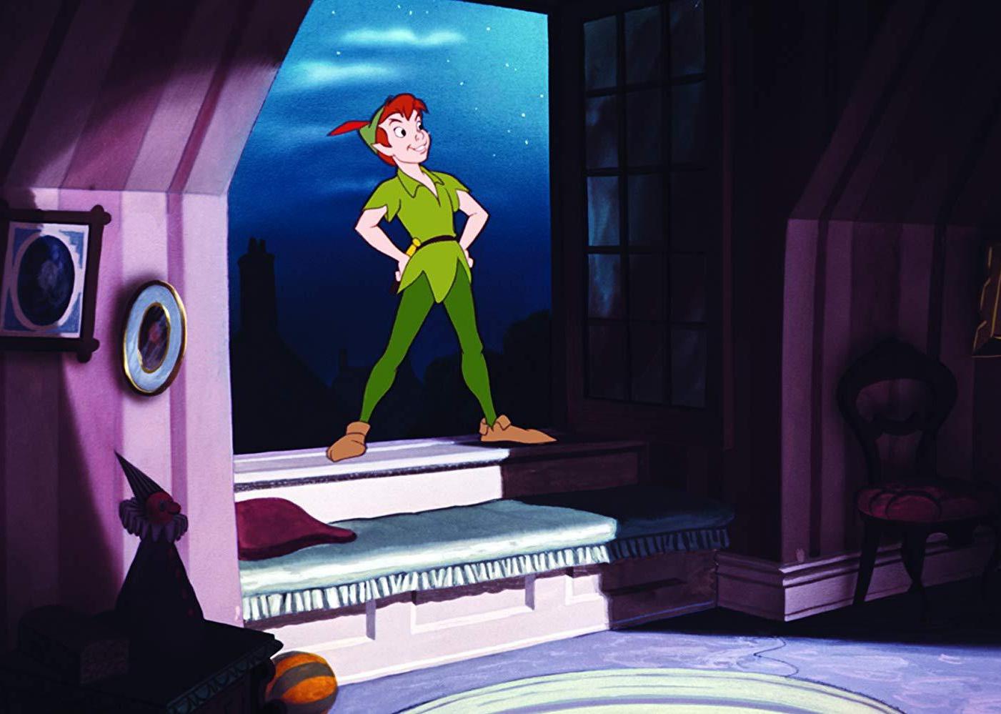 A cartoon of Peter Pan with red hair and a green suit coming in a bedroom window.