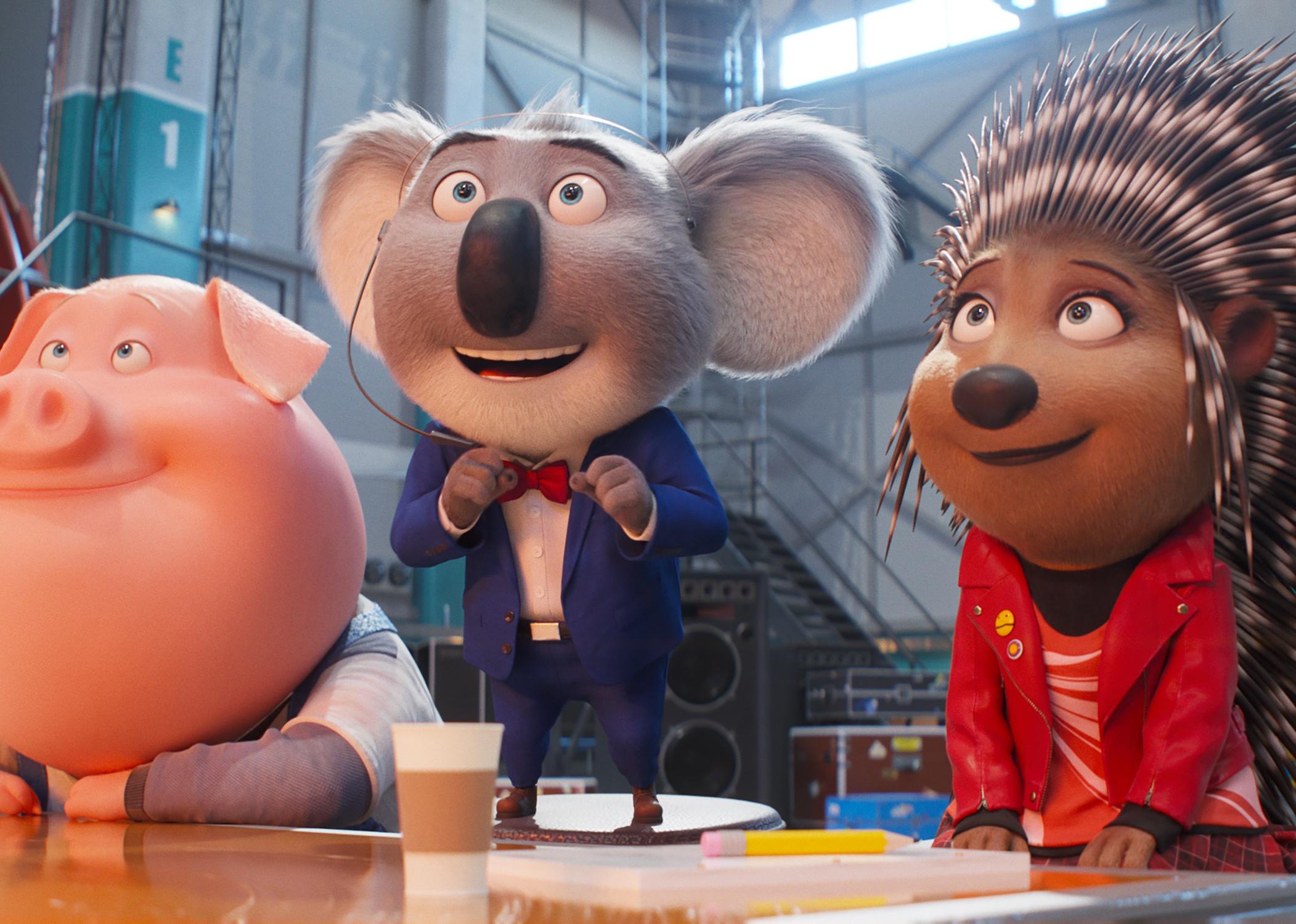 An animation of a pig, koala and a porcupine at a table watching someone perform.