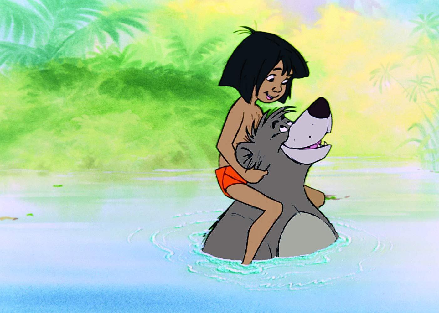 A cartoon of a little boy riding on the back of a bear in the water smiling.