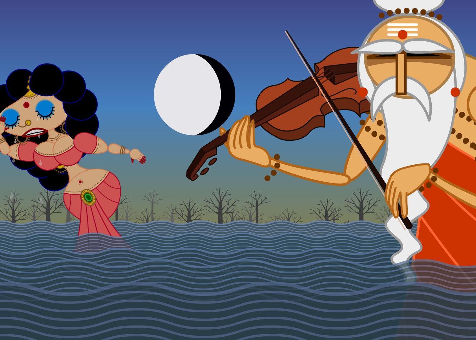 An illustration of an Indian woman in the water with a man playing a violin.