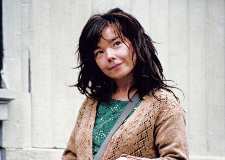 Bjork in plain clothes looking up.