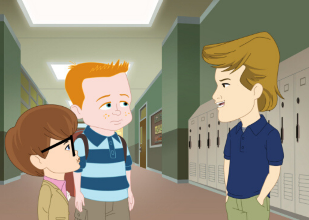 Cartoon of boys talking at lockers.