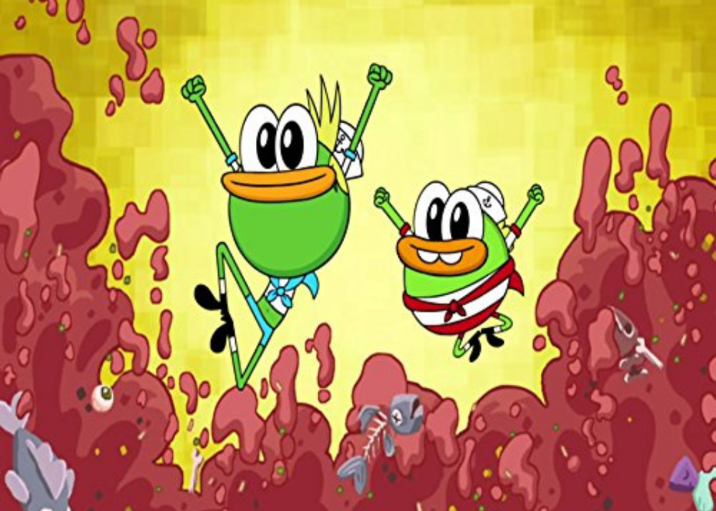 Two cartoon characters jump up and down in a garbage pile.