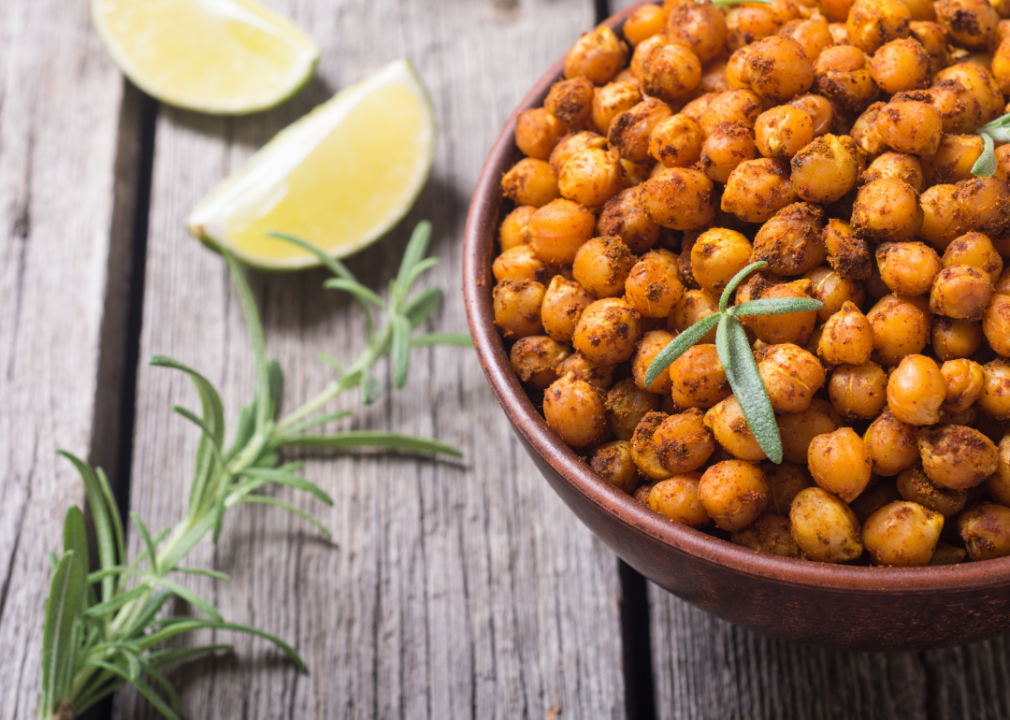 A bowl of spiced chickpeas.