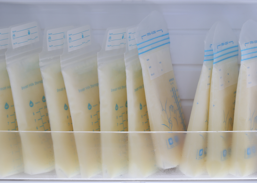 Breast milk storage bags in the refrigerator.