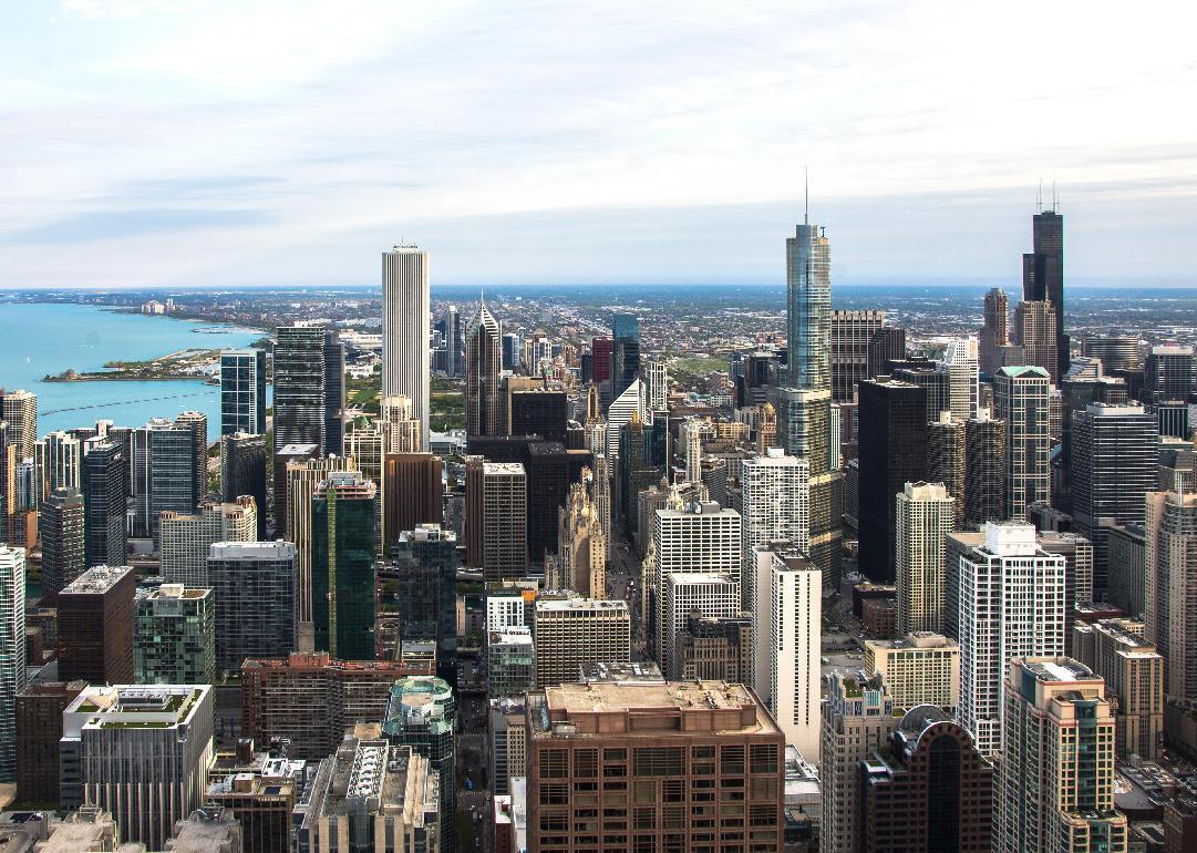#14. Illinois Chicago downtown aerial view at dusk with skyscrapers and city skyline.