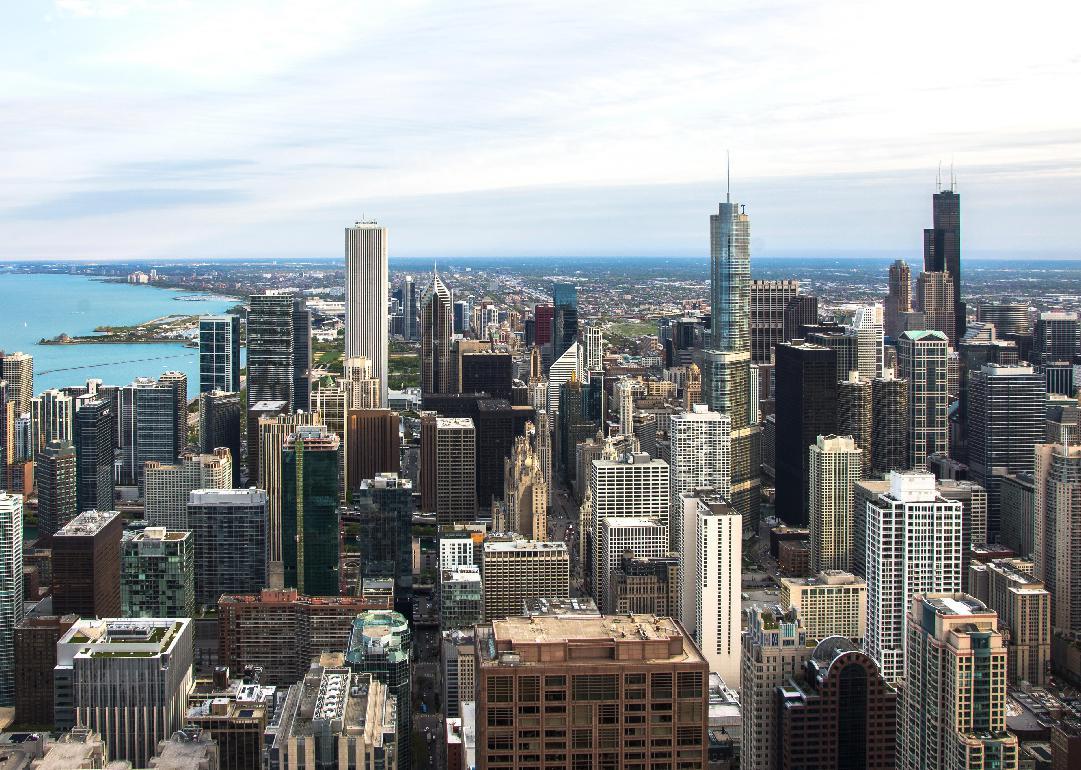 Chicago downtown aerial view at dusk with skyscrapers and city skyline.