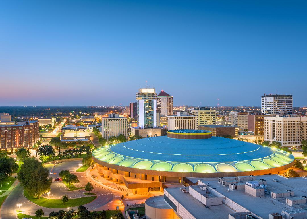 Wichita, Kansas downtown skyline at dusk.