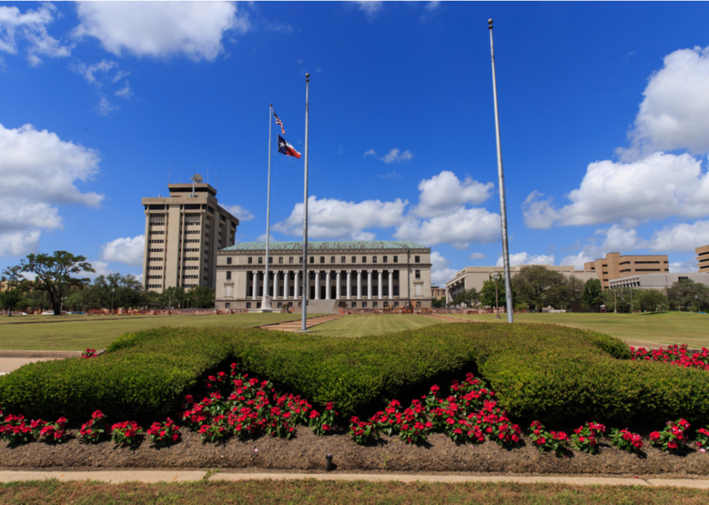 Flags flying on the Texas A&M University campus.