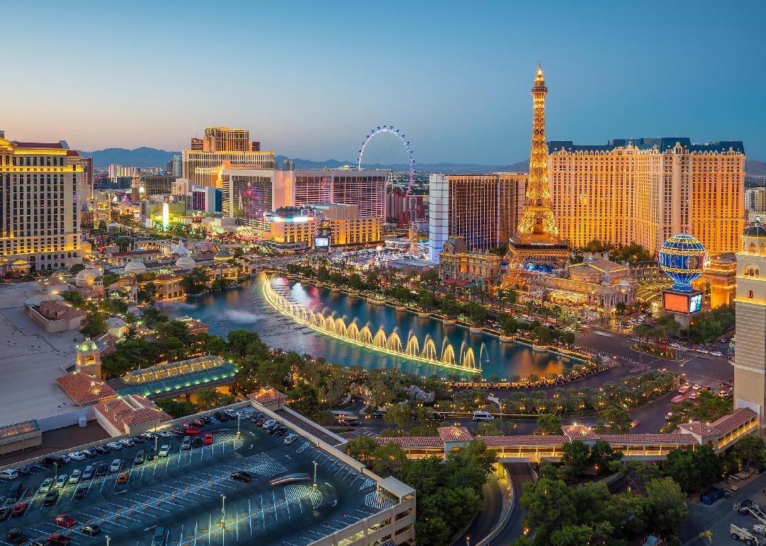 Aerial view of Las Vegas strip in Nevada as seen at night