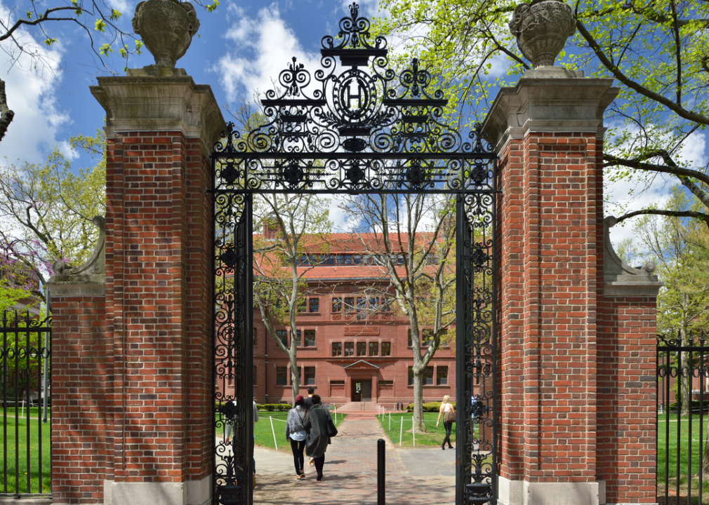 A brick and iron archway leads onto the Harvard campus.