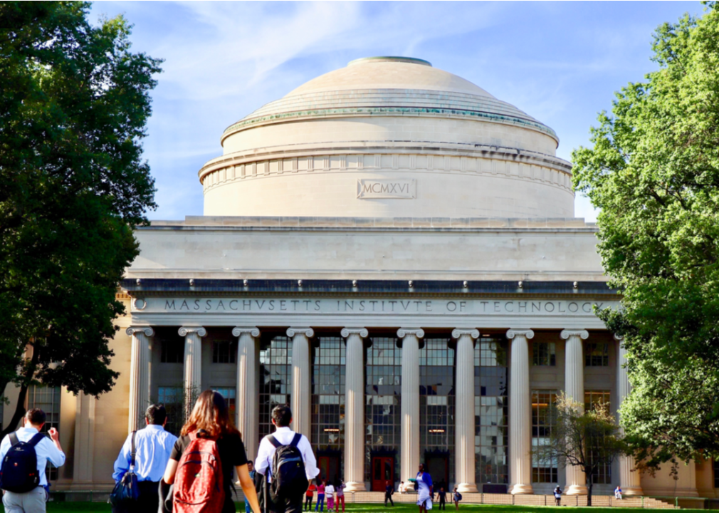 The Great Dome of the Massachusetts Institute of Technology in Cambridge on a sunny day, with people walking around.