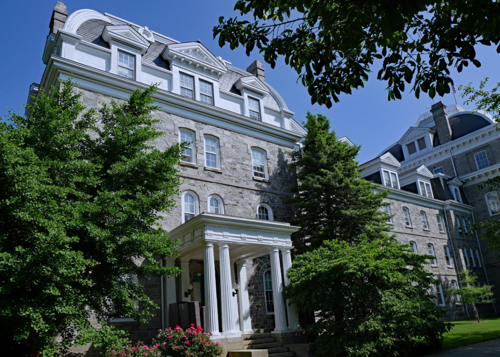 Stone buildings on the campus of Swarthmore College.