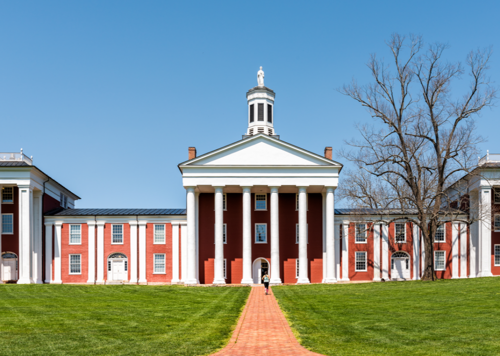 Washington and Lee University hall in Virginia exterior facade during sunny day.