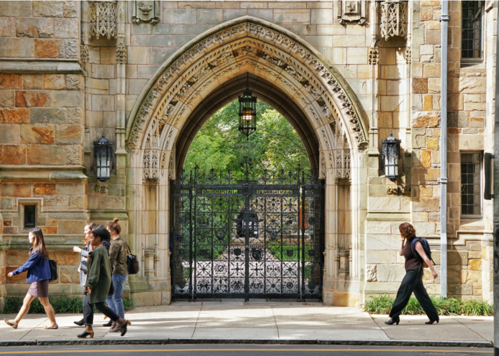 People walk along a sidewalk near an ornate archway and an intricate iron gate on the campus of Yale University.