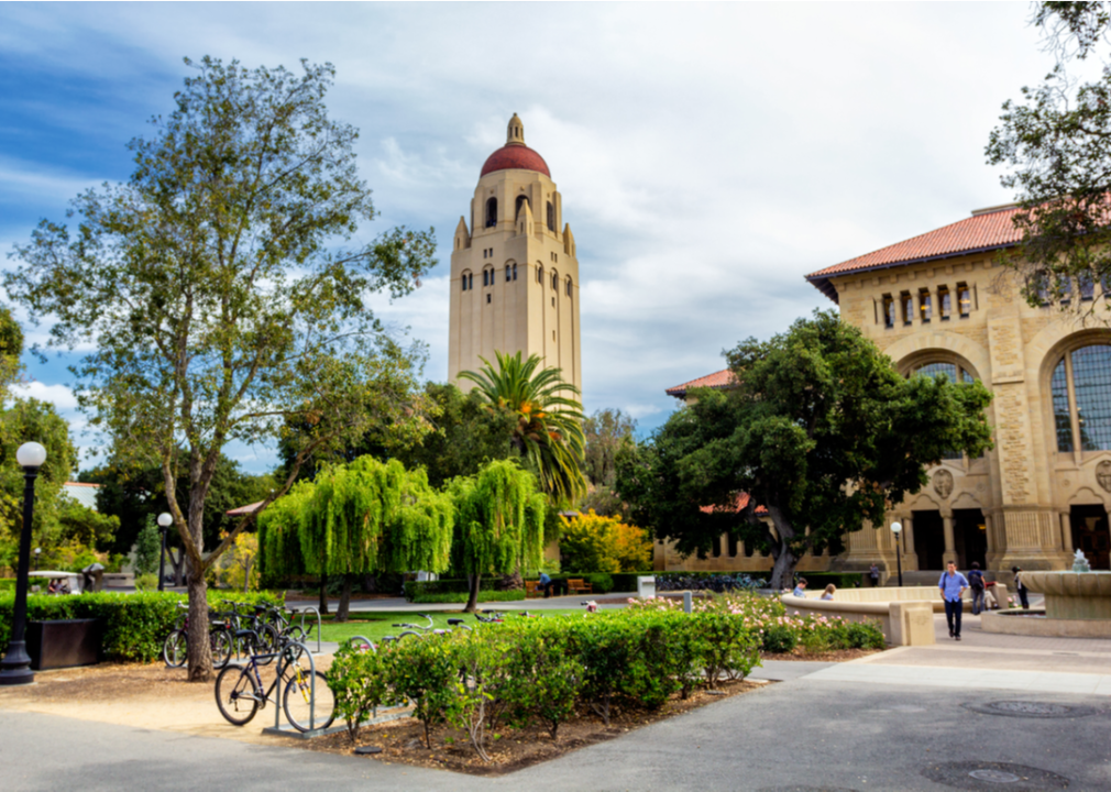 Stanford University campus with Hoover Tower in the background.