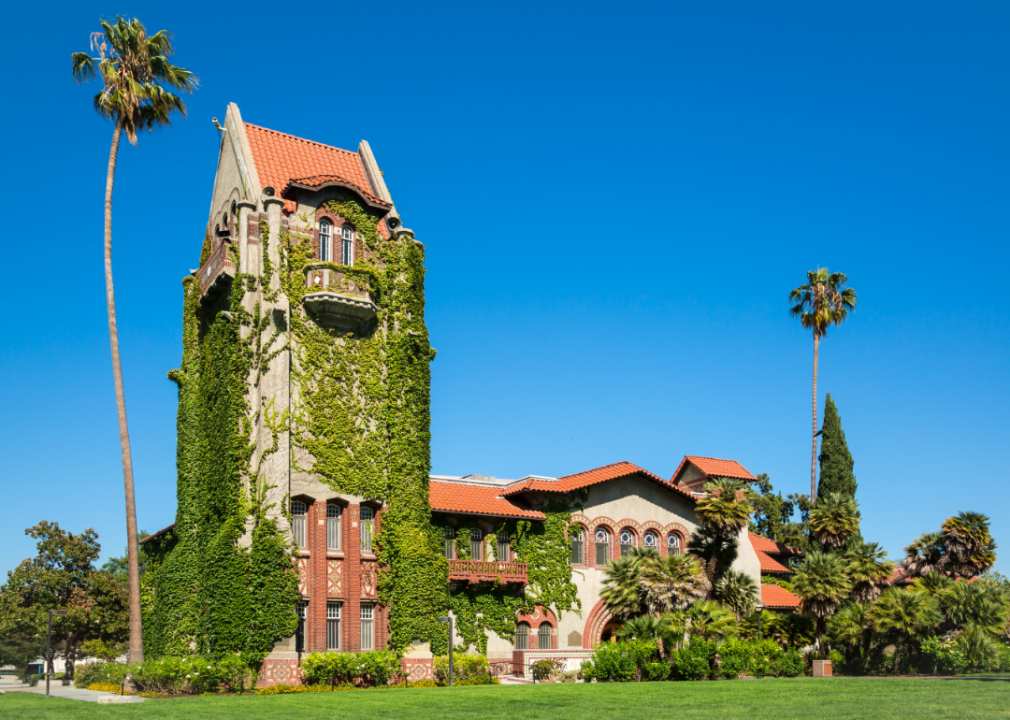 A Spanish Colonial Revival style building covered in ivy and surrounded by palm trees and other greenery.