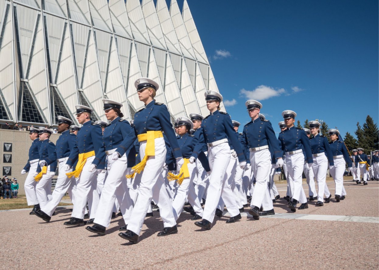 Air Force graduates marching in uniform.