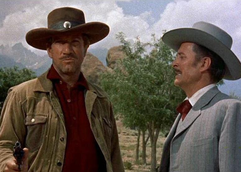 Richard Boone and John Hubbard in a scene from "The Tall T"