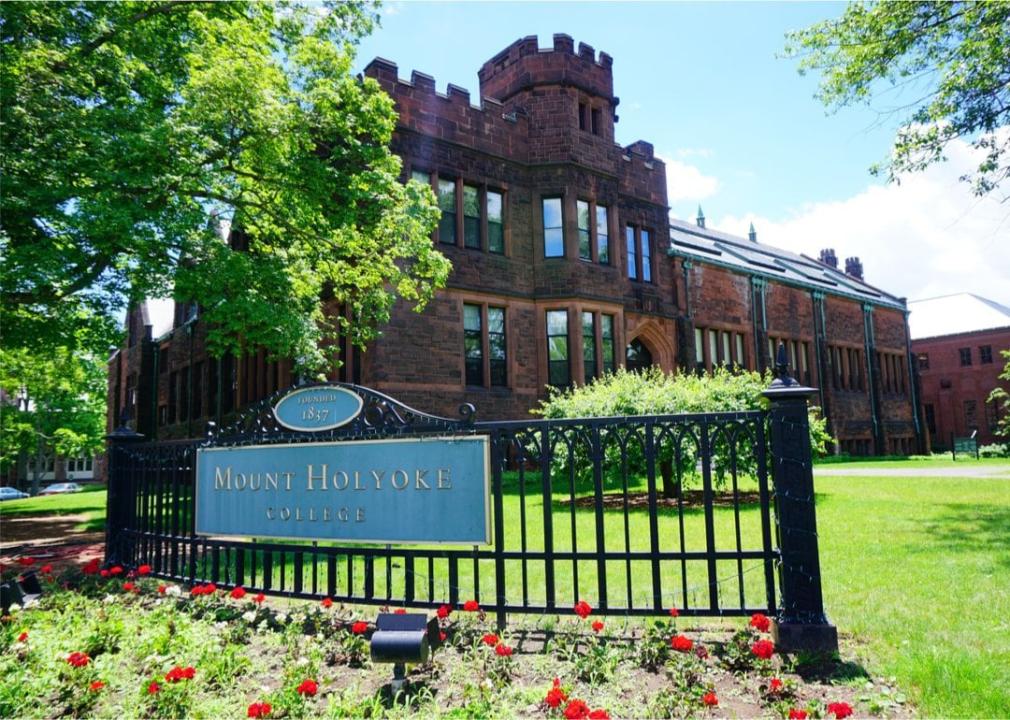 Mount Holyoke College campus building and sign.
