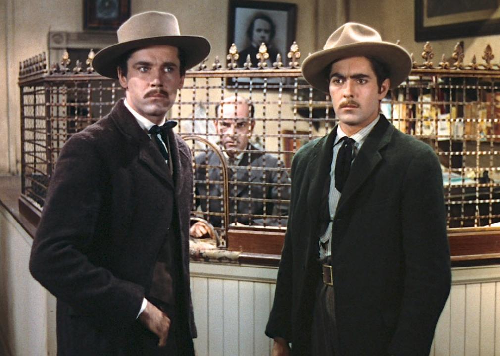 Henry Fonda, Tyrone Power, and George O'Hara in a scene from "Jesse James"