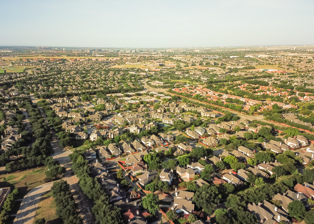An aerial view of dense homes.
