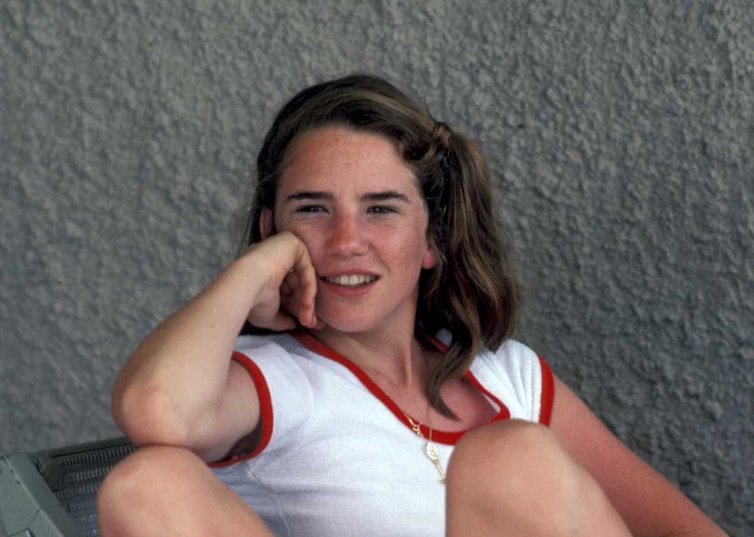 Melissa Gilbert sitting in a chair.