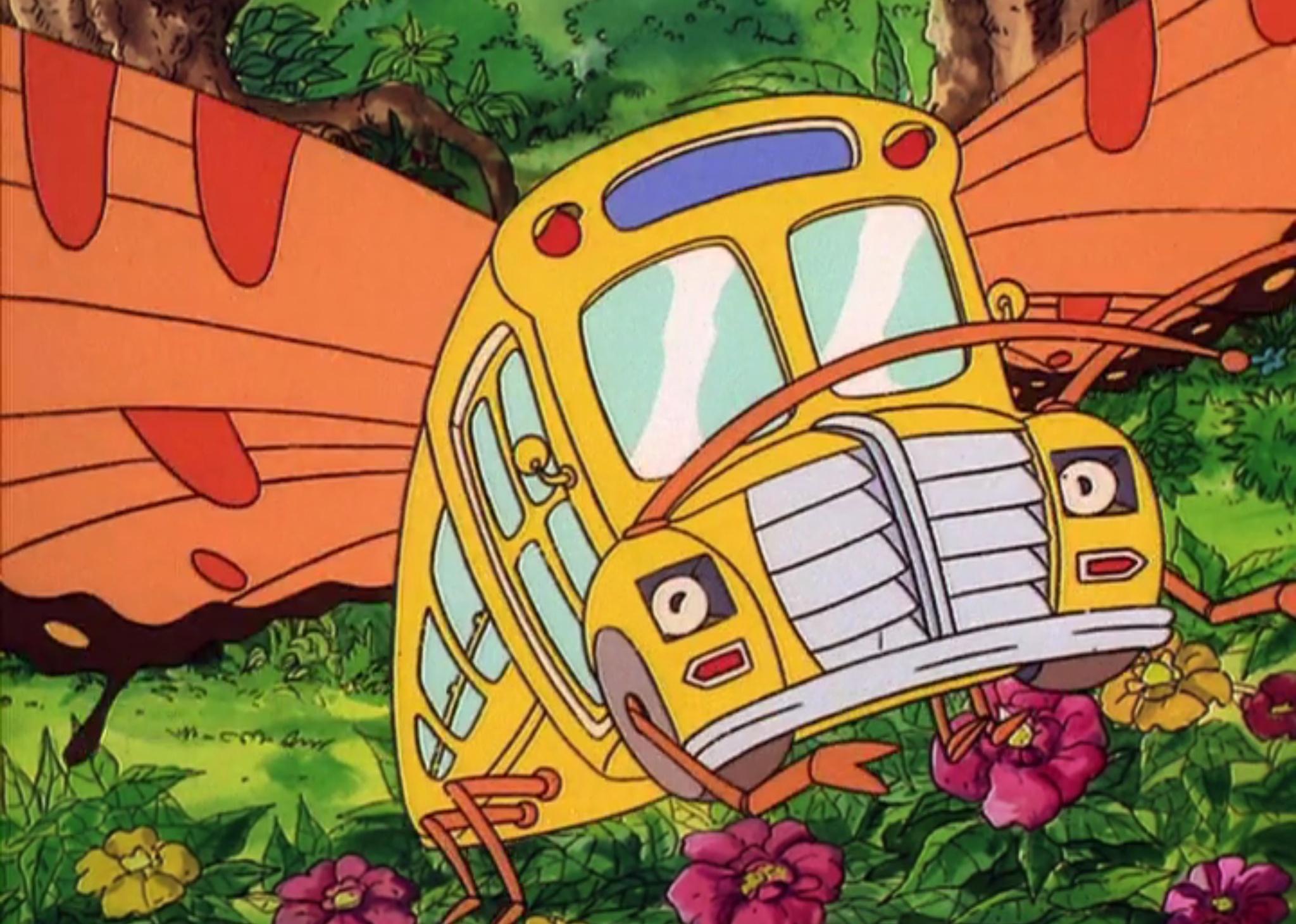 A cartoon of a school bus flying through flowers.