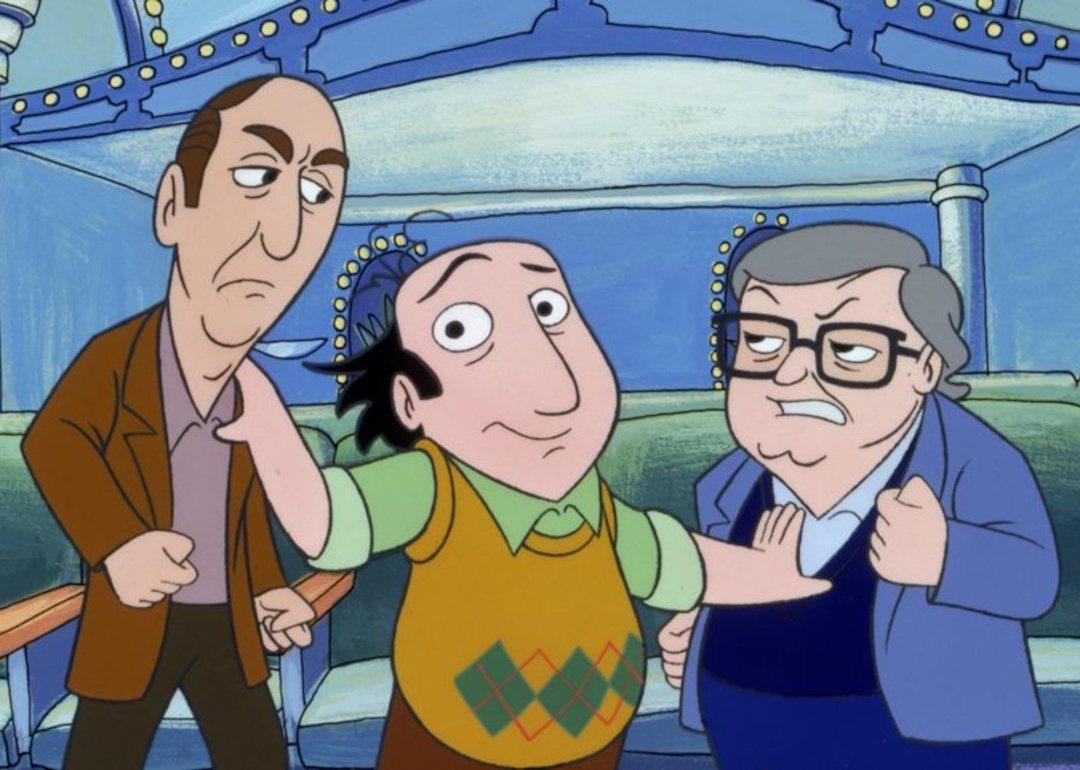 A cartoon of three men standing together.