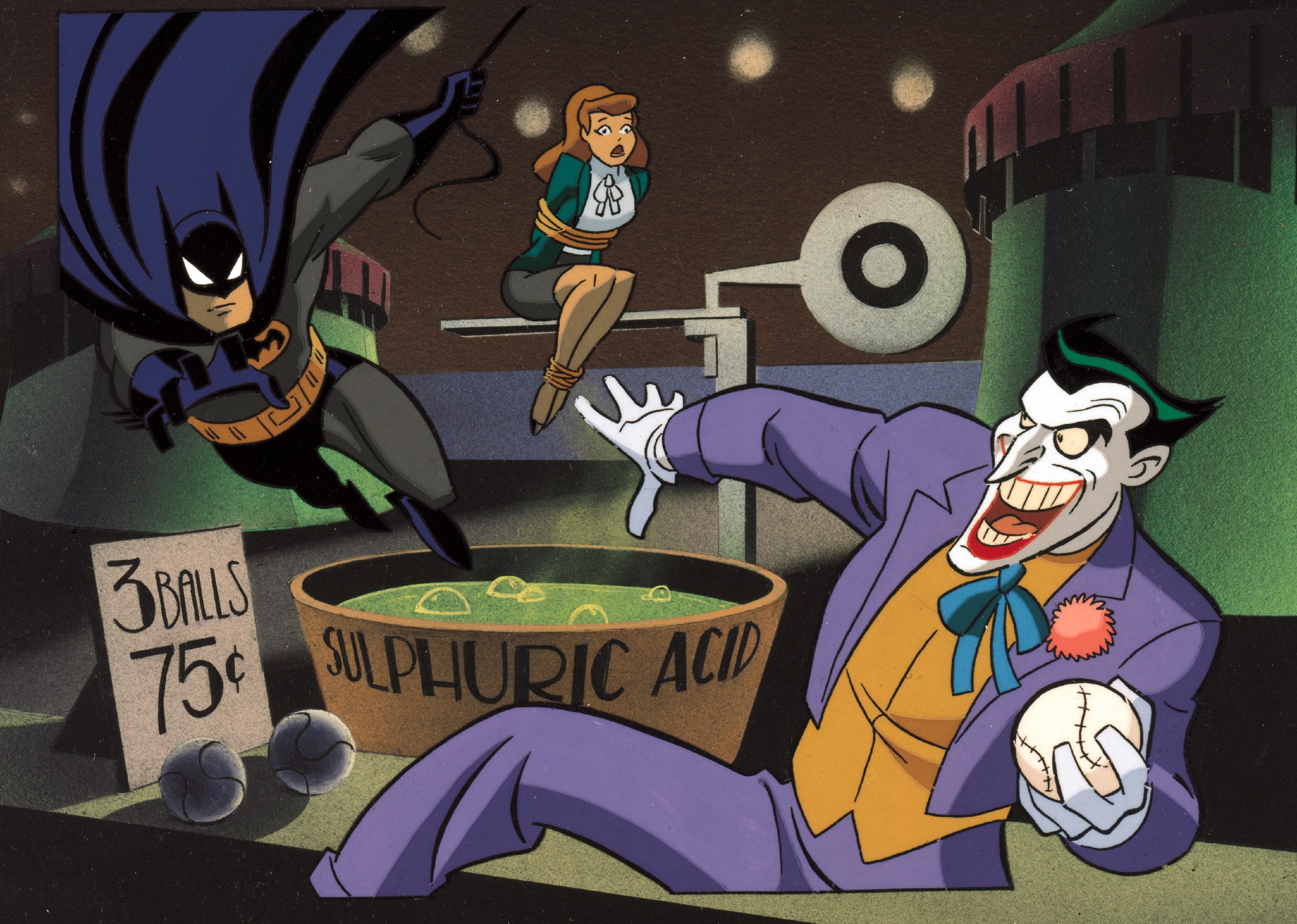 An animation of Batman saving a woman from the Joker.