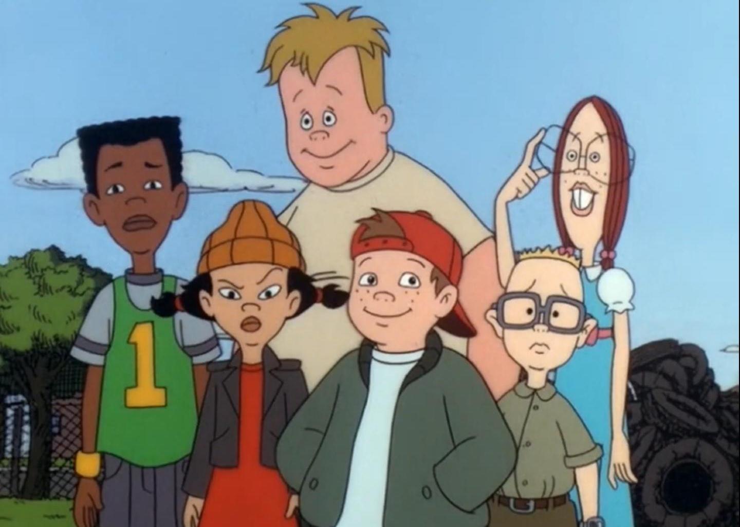 A cartoon of a group of school kids outside.