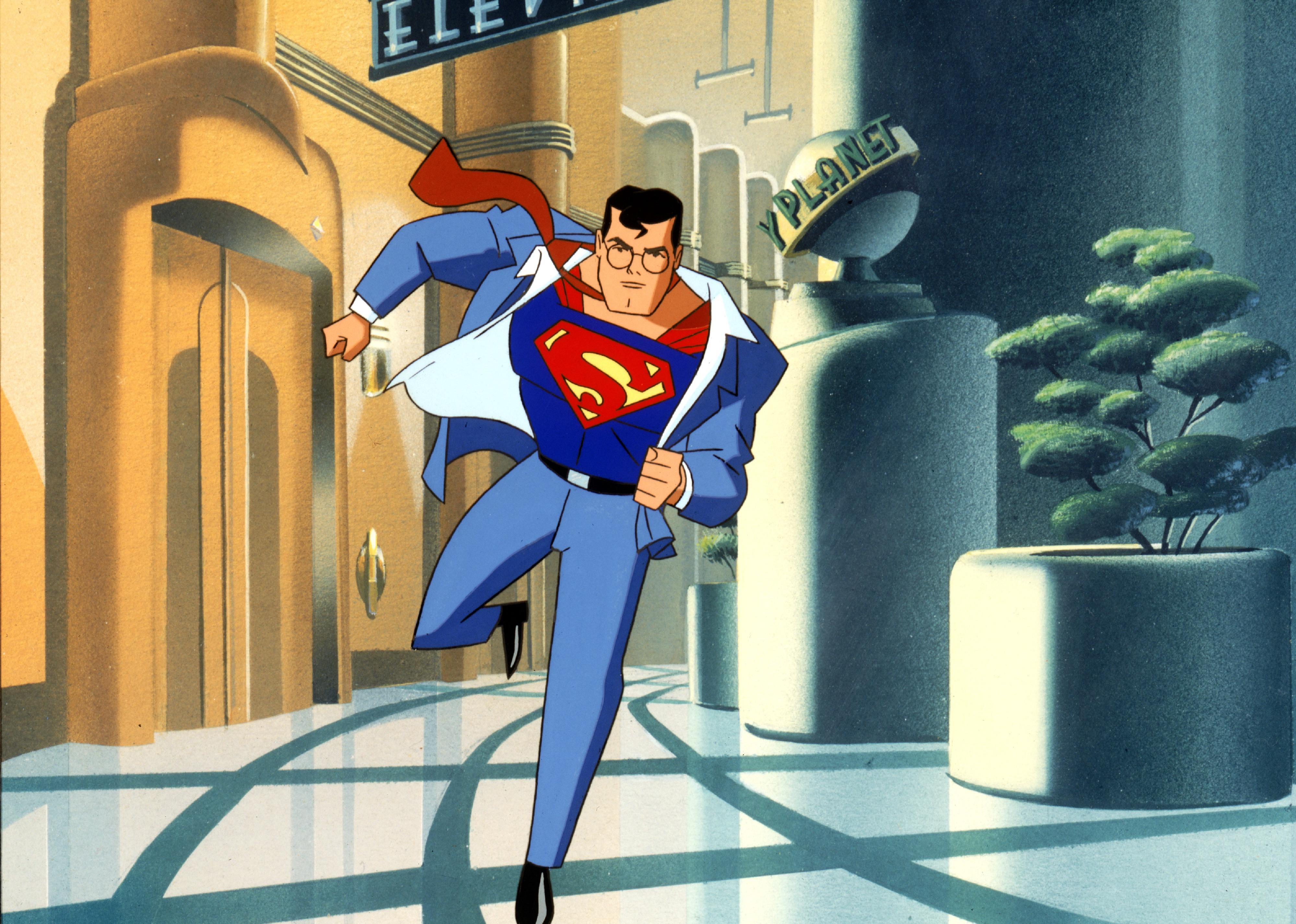 A cartoon of superman changing into his superhero costume while running.